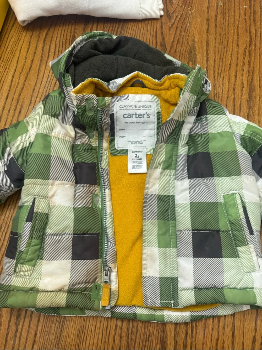 Carter's Green Plaid Puffer Jacket with Hood